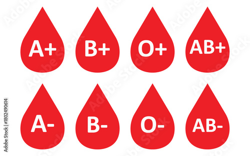 Blood group icon set. Blood types (A, B, AB, O), vector illustration. Red drop symbol for medical test, donation, transfusion, health care, hospital, and laboratory analysis. Emergency donor concept.
