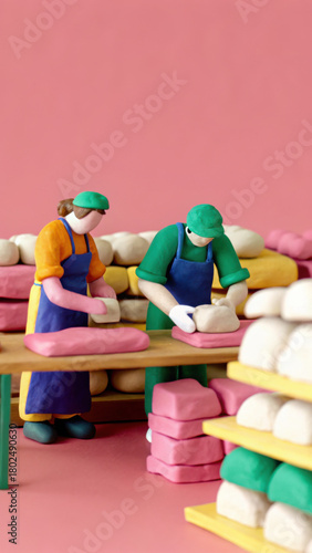 Two clay figures working in warehouse sorting and packing materials with colorful stacks creating lively scene