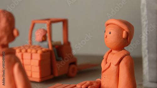 Clay figurine worker in warehouse with forklift and pallet, detailed miniature logistics scene with orange tones