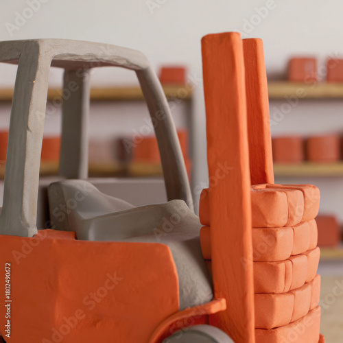 Handmade clay forklift lifting stacked parcels in warehouse setting with shelves and boxes in background