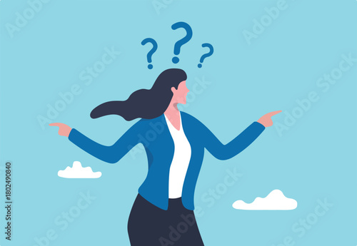Business doubt choice, make decision on work direction, choose career path or option or alternative concept, doubtful businesswoman choosing choice and pointing her finger to left and right direction.