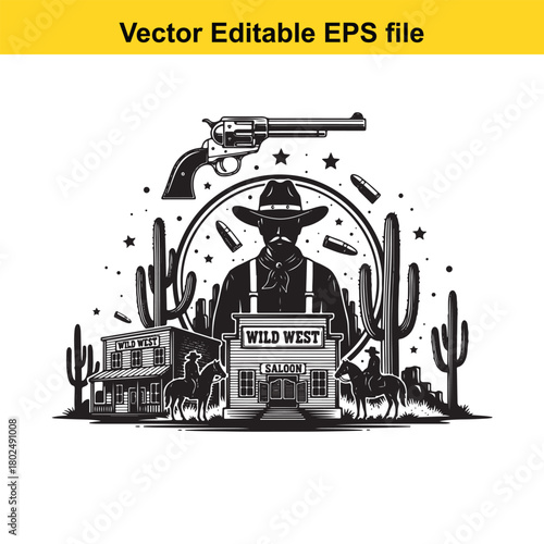 Wild west cowboy silhouette with saloon, revolver, cactus, and horses, isolated on