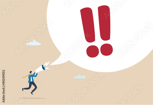 Warning message, shouting alert or danger warning, important message on loud speaker, emergency attention, safety or urgency scream concept, businessman shouting on megaphone with exclamation point.