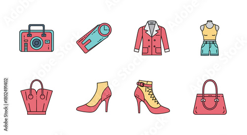 Fashion and travel essentials icons with thin line design featuring clothing and accessories