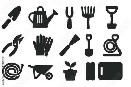 Gardening Tools Icons. Solid style icons of Gardening tools: trowel, watering can, garden fork, rake, pruning shears, gloves, hoe,