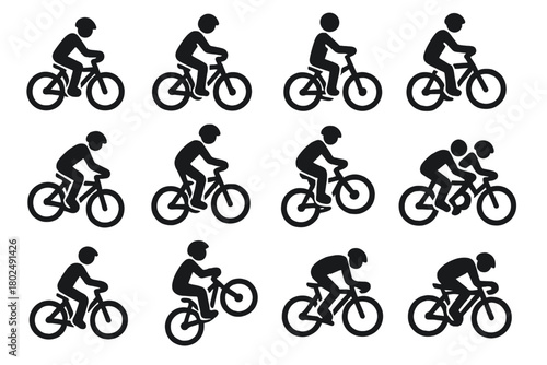Cycling Action Icons. Solid style icons of Cycling actions: riding, pedaling, balancing, braking, turning, standing on pedals,