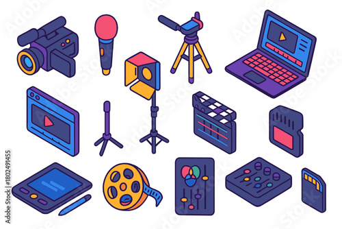 Media Tools Icons. Isometric vector illustration set Media Creation and Publishing: video camera, microphone, tripod, laptop,