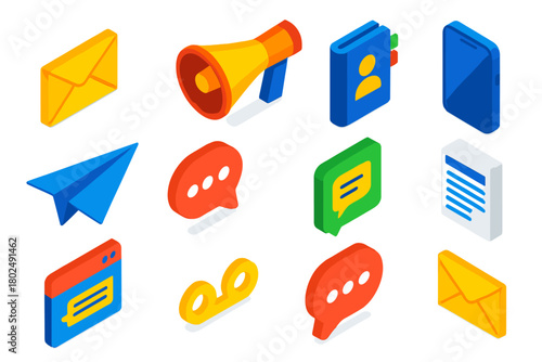 Communication Icons Set. Isometric vector illustration set Communication Essentials: envelope, megaphone, contact book, smartphone