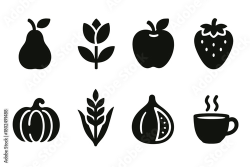 Rustic Fruit Icons. Solid style icons of rustic fruit symbolism: Humility Symbol, Natural Beauty, Simplicity Motif, Life’s