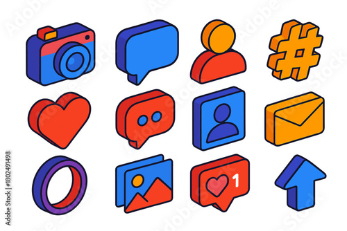 Vibrant Social Media Icons. Isometric vector illustration set Social Media and Interaction: camera, speech bubble, user icon,