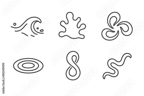 Fluid Kinetic Icons. Line style icons of Fluid Kinetic Forms: oil wave motion, liquid-like sculpture, fluid shape spinner, ripple