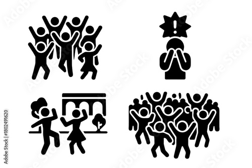 Flash Mob Excitement. Solid style icons of Large Group Dance: Flash Mob, Surprise, Dance, Public Place, Coordination, Group,