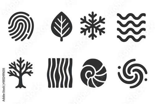 Nature Pattern Icons. Solid style icons of natural pattern sources: Fingerprint Spiral, Leaf Vein Network, Snowflake Geometry,