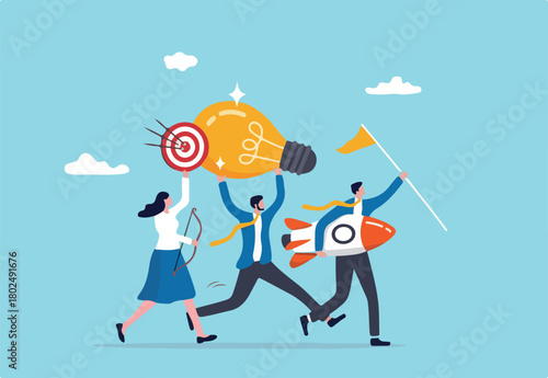 Entrepreneurship, think and develop new idea, organize and launch new innovation product, startup or start new company, business people holding winner flag, rocket ship, lightbulb idea and target plan