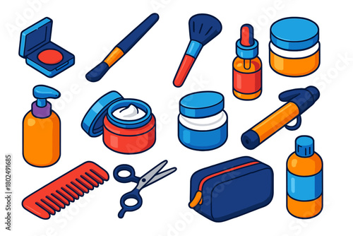 Vibrant Beauty Essentials. Isometric vector illustration set Makeup, Skincare, and Grooming: eyeshadow singles, angled eyeliner