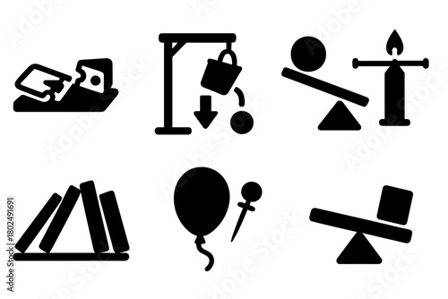 Chain Reaction Icons. Solid style icons of chain reaction mechanics: Mouse Trap Snap, Bucket Drop, Ball Track, Candle Burn String,
