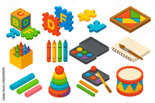 Vibrant Children's Toys. Isometric vector illustration set abc blocks, puzzles, crayons, and more: wooden ABC blocks, foam