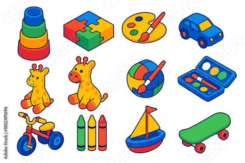 Creative Kids' Toys. Isometric vector illustration set Creative Kids and Play: stacking cups, puzzle blocks, paint palette, toy