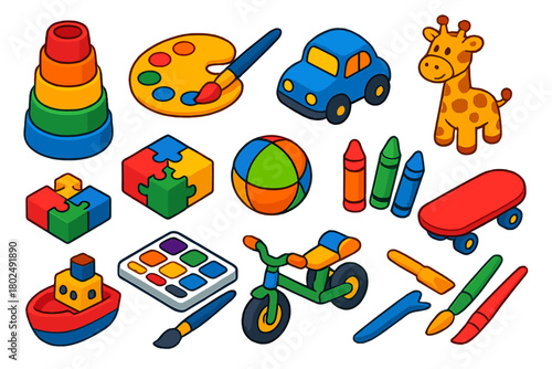 Creative Kids' Toys. Isometric vector illustration set Creative Kids and Play: stacking cups, puzzle blocks, paint palette, toy