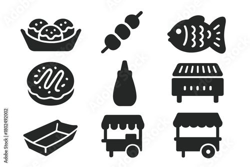 Japanese Street Food Icons. Solid style icons of Japanese street food: Takoyaki, Yakitori Skewer, Taiyaki Fish Cake, Okonomiyaki,