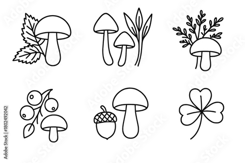Wild Edibles Icons. Line style icons of Wild Edibles with Mushrooms: mushroom with nettle, fungi and wild garlic, cap with wild