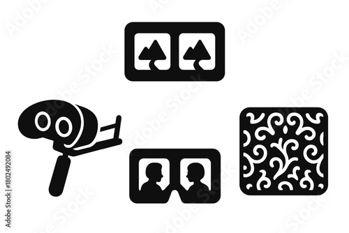 Antique Stereoscope Icons. Solid style icons of Antique Visual Toy: Stereoscope, Card, Viewer, 3D Image, Parlor Entertainment,