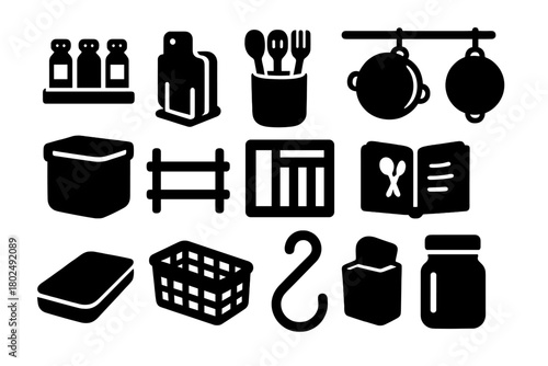 Kitchen Organization Icons. Solid style icons of Kitchen organization: spice rack, cutting board holder, utensil jar, pot rack,