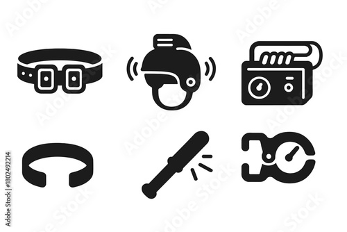 Vintage Quack Devices. Solid style icons of vintage quack devices: Magnetic Belt, Vibrating Helmet, Electric Coil Box, Handheld