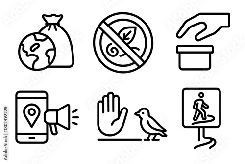 Geocaching Ethics Icons. Line style icons of Geocaching Ethics Icons: CITO trash bag, leave no trace sign, “replace as found” icon