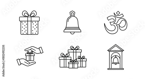 Festive icons: gift box, bell, om symbol in minimalist linear style