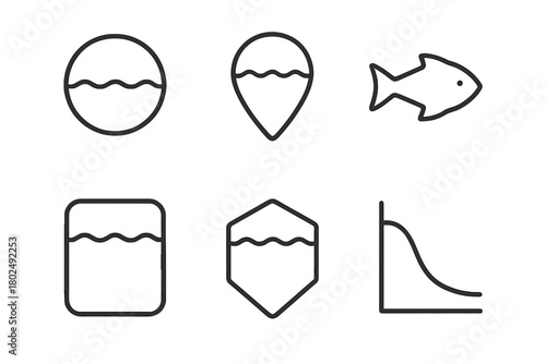 Deep-Ocean Zones Icons. Line style icons of Deep-Ocean Zones: epipelagic label, mesopelagic marker, bathypelagic icon,