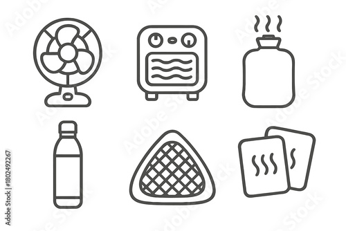Glamping Comfort Icons. Line style icons of Glamping Heating and Cooling: portable fan, mini heater, hot water bottle, insulated
