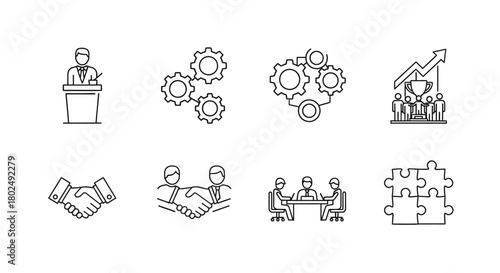 Linear business icons: teamwork, growth, and innovation in minimalist style