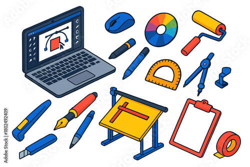 Design Tools Overview. Isometric vector illustration set design and editing tools: laptop with design software, mouse, color wheel
