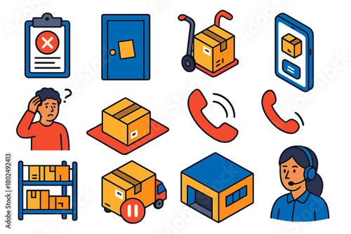 Logistics and Delivery Icons. Isometric vector illustration set delivery and shipping: failed delivery slip, notice on door,
