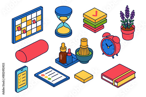 Productivity Tools Icons. Isometric vector illustration set Productivity and Mindfulness: wall planner board, hourglass icon, task