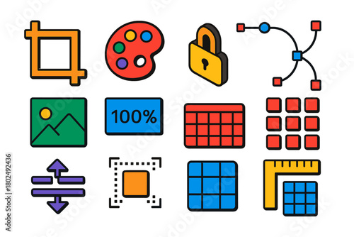 Minimalist Design Tools. Isometric vector illustration set Minimalist Design Tools: crop icon, color palette, settings gear,