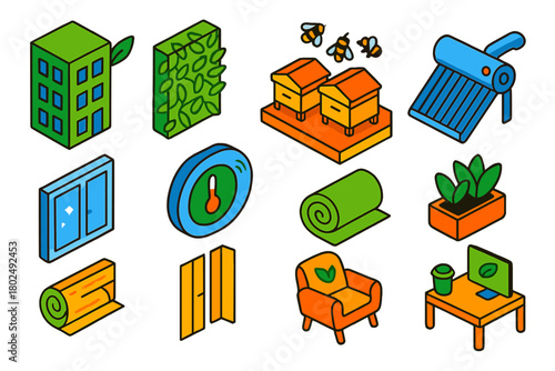 Eco-Friendly Living Designs. Isometric vector illustration set recycling, sustainability, and minimalist design for a greener