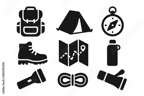 Outdoor Adventure Icons. Solid style icons of Outdoor Adventure: Backpack, Tent, Compass, Hiking Boots, Map, Water Bottle,