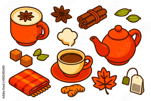 Autumn Tea Essentials. Isometric vector illustration set autumn drinks and tea: chai latte, star anise, cinnamon bundle, cardamom