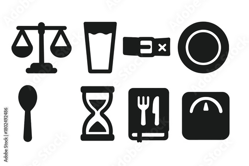 Vintage Fasting Tools Icons. Solid style icons of vintage fasting cure tools: Balance Scale, Water Glass, Restriction Belt, Empty