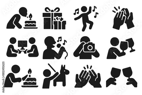 Party Activity Icons. Solid style icons of Gardening tools: trowel, watering can, garden fork, rake, pruning shears, gloves, hoe,