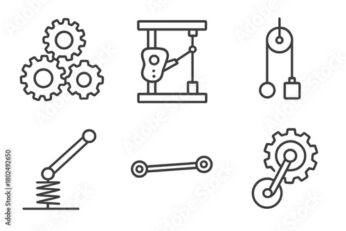 Mechanical Kinetic Icons. Line style icons of Mechanical Kinetic Elements: gear cluster, camshaft mechanism, lever and pulley,