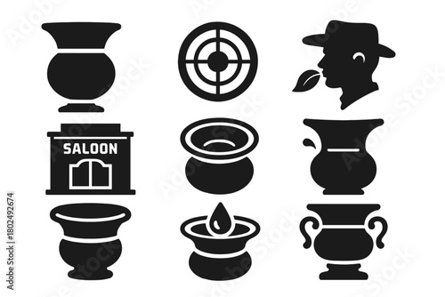 Vintage Tobacco Spittoon Icon. Solid style icons of Vintage Tobacco Spittoon: Brass, Aim, Chewing Tobacco, Saloon, Rim, Pedestal,