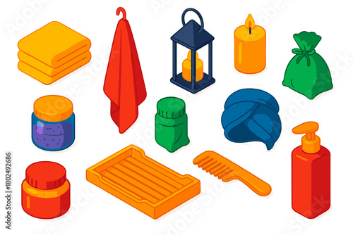 Colorful Bath Essentials. Isometric vector illustration set featuring towel, candle, and bath supplies: fluffy towel stack, bath