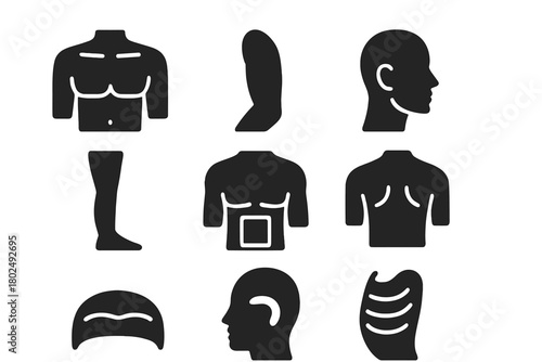 Body Canvas Icons. Solid style icons of body canvas areas: Chest Outline, Upper Arm, Face Side, Lower Leg, Abdomen Panel, Back
