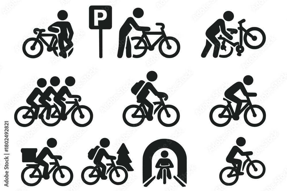 Obraz premium Cycling Icons Collection. Solid style icons of Cycling life: resting with bike, parking bike, repairing bike, riding in group,
