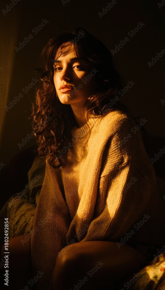 Fototapeta premium Woman in Sweater Relaxing on Couch in Dim, Cinematic Lighting