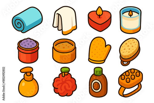 Vibrant Bath Essentials Set. Isometric vector illustration set featuring towel, candle, and bath supplies: rolled cotton towel,