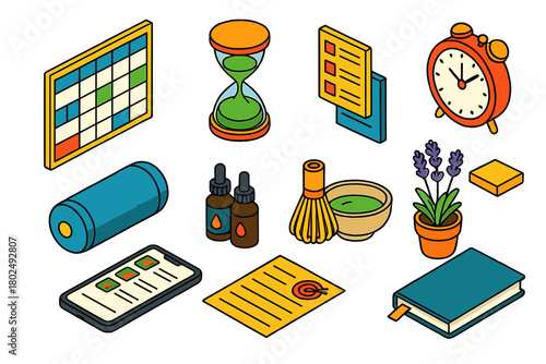 Productivity Tools Icons. Isometric vector illustration set Productivity and Mindfulness: wall planner board, hourglass icon, task